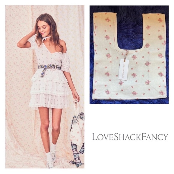 New! LoveShackFancy “Omari” Linen Floral Tote Bag in French Cream - Picture 1 of 9